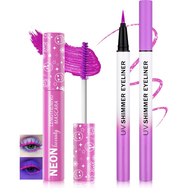 UV Neon Purple Mascara & Eyeliner Set, Waterproof Volumizing Colored