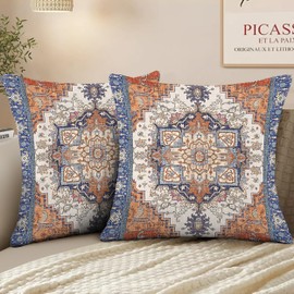 XPHZZL Pack of 2 Bohemian Style Linen Decorative Cushion Covers 45x45 cm Square Throw Pillow Covers 18x18 Inch Boho Style Pillowcases for Outdoor Home Decor Sofa Bedroom Car - Blue Edge Orange