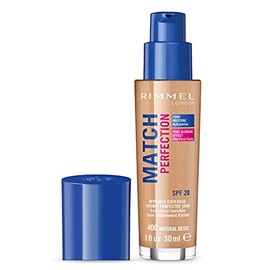 Rimmel Rimmel Match Perfection Foundation 400 Natural Beige, Medium Coverage, 24hr Hydration, No Caking or Creasing, Lightweight, Reduces Imperfections, Invisible Coverage, SPF20, Cruelty Free