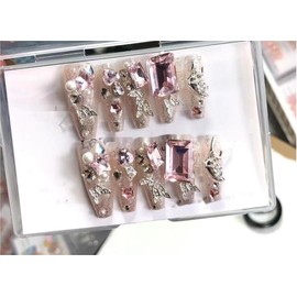 Nail Apparel Hand Made Long Ballet Press on Nails-Luxury UV Finish Manicure 10Pcs, Various Size (Small (Pack of 10), Pink 3D Butterfly Rhinestone Pearl)