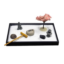 Nature's Mark Mini Zen Garden Kit for Desk with Rake, White Sand, Buddha, Lantern, Black Rectangle Base, River Rocks and Mini Blossom Tree (8Lx5W C)