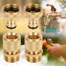 Benaton Pack of 4 Solid Brass Quick Coupling, 2-in-1 Female Thread Tap Connector Adapter, 3/4 Inch Hose Connector Brass, for Washing Machine, BSP Garden Hose, Car Wash