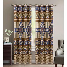 Austin Rustic Western Southwest Native American Thermal Insulation Window Treatment Grommet Curtain Set in Beige Taupe Brown Blue and Green Colors - Austin Curtains (Taupe, Thermal)