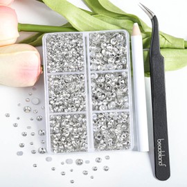 Beadsland 4300 Pieces Clear Rhinestones Flat Back Nail Stones Round Crystal Rhinestones for Crafts Mixed 6 Sizes with Picking Tweezers and Wax Pen Set SS6-SS20 Crystal White