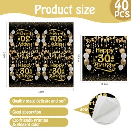 Xunerloy 30th Birthday Napkins, 48PCS Happy 30th Birthday Black Gold Disposable Serviettes for Men Women Him Her Anniversaries Decoration