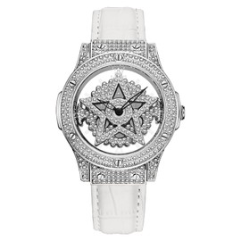 OLEVS Womens Watch, Leather Wrist Diamond Dial Ladies Quartz Watch,Five Pointed Star Rotating dial with Hollowed Out Design Fashion Waterproof Analog Watch for Women (9938- Five Star White Face)