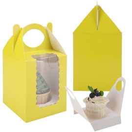 Frantis Individual Cupcake Boxes 4x4x5 Inches Disposable Pastry Tray Boxes, With Window Insert and Handle, Perfect for Parties, Birthdays, Bakery Wrapping and Events Containers (Yellow-25Pack)