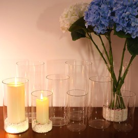 Hurricane Glass Candle Holder Clear Cylinder Vases, Pillar Candle Holders For Floating Candles Table Centerpiece Modern Glass Vases For Weeding Centerpieces Decoration Party Home Decor (3 Sets, S+M+L)