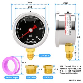 MEANLIN MEASURE 0~15Psi Stainless Steel 1/8" BSP 1.5" FACE DIAL, Glycerin Filled Pressure Gauge, Liquid Filled, Lower Mount(Black) with 1/4" BSP and 3/8" BSP Hex Bushing
