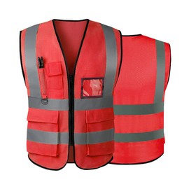 AKEIVN Hi Vis Vests for Women Men High Visibility Reflective Safety Security Vest with Pockets Zipper Front Meets ANSI/ISEA Standards(Large,Red(mesh))