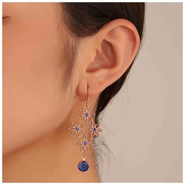 Yheakne Hollow Flower Earrings Gold Lace Filigree Earrings Sapphire Bead Dangle Earrings Ethnic Long Flower Cz Chandelier Earrings Jewelry for Women and Girls