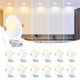 BesLowe 12 Packs 6 Inch 5CCT LED Recessed Ceiling Lights Ultra-Thin with Junction Box, 12W 150W Eqv, 3000K/3500K/4000K/5000K/6500K, 1200LM Dimmable Canless Downlights for Kitchen Hallway Dining Room