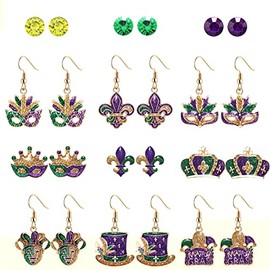 Vogueknock 12Pairs Mardi Gras Earrings Glitter Mask Fleur De Lis Crown Drop Dangle Earrings Carnival Stud Earrings Set Fat Tuesday Parade Party Accessory Gifts (12 stud drop)