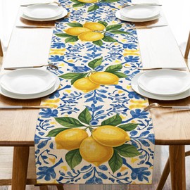 Croar - Camino de mesa de comedor italiano Capri azul limón, Costa Amalfitana, cítricos, Italia, diseño de azulejos de arpillera, decoración de cocina, verano mediterráneo para interiores y exteriores