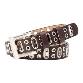 JAMAKALA Women Fashion Leather Belt, Metal Punk Studded Belt, Studded Rivet Double Grommet Belt for Women Men (Coffee, 43'')