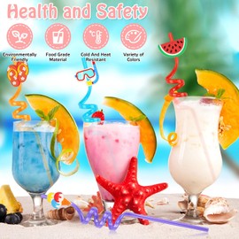 Cocktail Straws Plastic Thick Plastic Straws with Kink Pack of 16 Drinking Tubes Reusable Straws Pool Party Decoration Straws Plastic for Children Adults (Summer)
