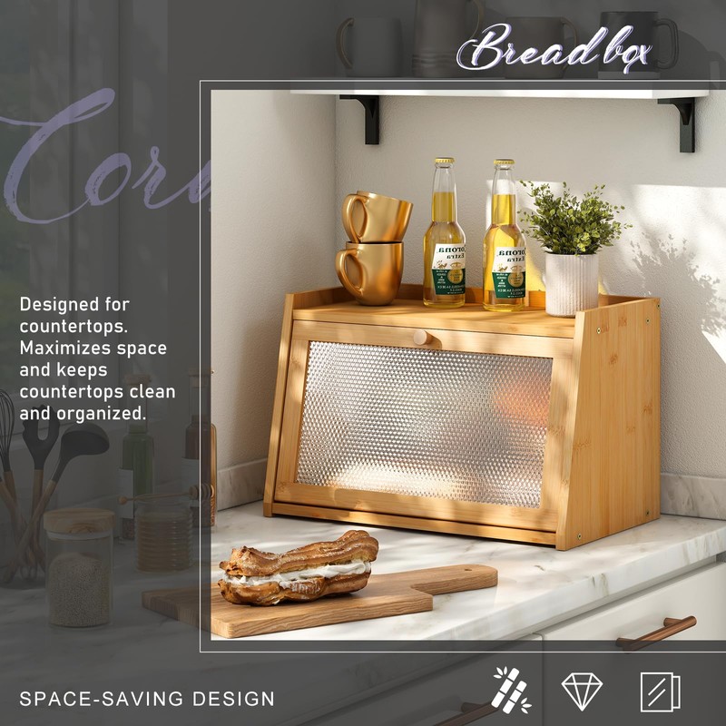 Wieghda Large Farmhouse Bread Box with Window - Natural Wood