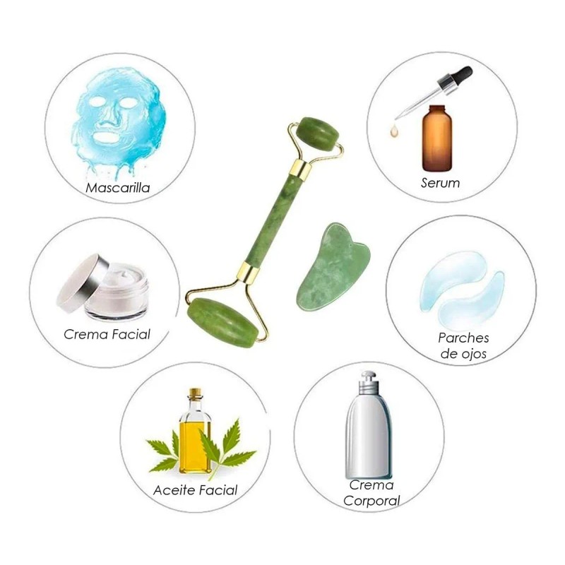 Kit Rodillo Y Gua Sha De Jade +cepillo Facial +antifaz