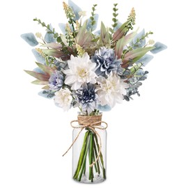 Fake Flowers Artificial Flowers with Vase, Faux Flowers in Vase, Floral Arrangements Artificial Plants Silk Flowers for Home Coffee Table Decor Indoor Centerpiece Dining Table Decorations (Blue White)