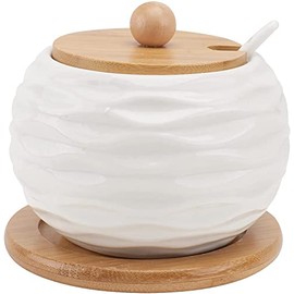 MAGICVOGEL Ceramic Spice Jars, White Sugar Bowl, Salt Jar with Bamboo Lid and Spoon, Spice Container for Home, Kitchen, Dining Table (Type 1)