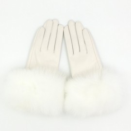 Sandy Ting Winter Women's Lambskin Leather Gloves with Fox Fur Trim Multicolor (White, Medium)