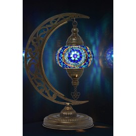 mozaist Turkish Lamp, Unique Lamps, Moon Shaped Mosaic Table Lamp, Moroccan Handmade Antique Bohemian Vintage Lamp Shade, Tiffany Desk Bedside Stained Glass Lamp with US Plug and E12 Socket