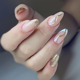 French Tip Press on Nails Medium Almond, Nude Glossy Fake Nails with Glue, Full Cover Gold Glitter Acrylic Nails for Women DIY Manicure Decoration 24PCS Reusable False Nails