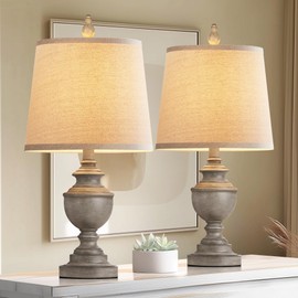 PARTPHONER Retro Table Lamps Set of 2, Bedside Lamp for Bedroom Rustic Farmhouse Table Lamps for Living Room, Vintage Nightstand Lamps with White Shades, Antique Grey