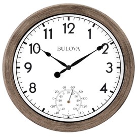 Bulova Patio Time Wall Clock C4879 | 10.25" Rattan-Look Waterproof High-Impact Case with Thermometer | High-Heat Resistant | Battery Operated | Indoor/Outdoor Decorative Clock