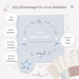 mintkind® Baby Album 'Mein Erstes Lebensjahr', Whale + Sticker Set | Baby Photo Album to Design Yourself | Baby Gift for Girls and Boys | Fill-in Baby Book | Baby Diary (German Language)