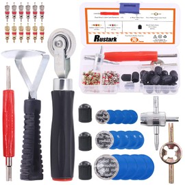 Rustark 70Pcs Tire Patch Repair and Valve Stem Removal Tool Kit, Tire Scraper, Tire Valve Stem Cores and Caps, Valve Stem Removal Tools, Tire Repair Stitcher, Tire Repair Patches for Punctures