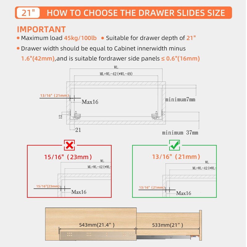 PHWALK 21 Inch Soft Close Undermount Drawer Slides, Concealed Drawer