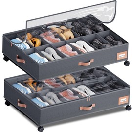 Under Bed Shoe Storage with Wheels, Set of 2, Fit 12 Pairs, Dorm Room Essentials, Shoe Organizer Under Bed Solution with Clear Window, Breathable, Shoe Organizer for Closet