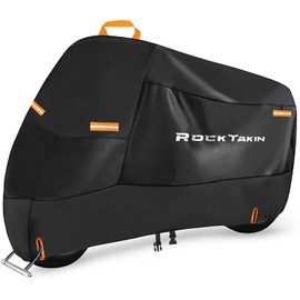 Rocktakin 300D Motorcycle Tarpaulin Heavy Duty, Waterproof Outdoor Motorcycle Garage for All-Weather Protection with 4 Reflective Strips and Lock Holes, Fits Cruiser, Touring Bikes (218 x 94 x 127 cm)