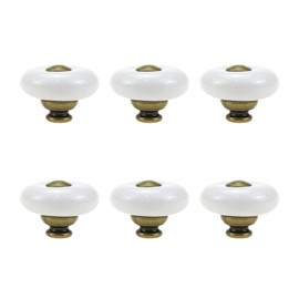 Tsnamay 6 Pieces White Ceramic Knob Kitchen Door Cabinets Cupboard Single Hole Pull Handles with Screws,1.26inch/32mm Dia. White+Gold Point