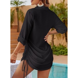 Dokotoo Cover Ups for Swimwear Women Casual Long Sleeve V Neck Textured Pleated Summer Dresses Solid Beach Vacation Clothes for Women Relaxed Drawstring Beach Cover Ups Loose Bathing Suit Black XXL