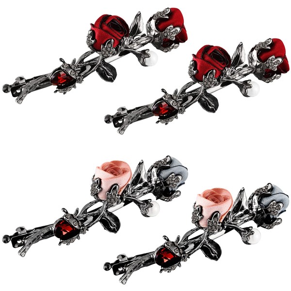 4 Pcs Vintage Crystal Rose Hair Clip Rhinestone Pearl Hair Jewelry Metal Flower Clip for Hair Rose Rhinestone Hair Barrette Flower Hair Pin Vintage Hair Accessories for Women Wedding Red and Pink Blue