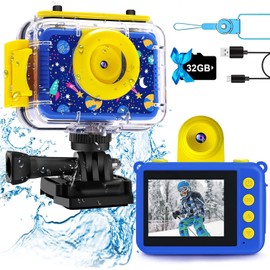 GKTZ Kids Waterproof Camera - Underwater Camera Birthday Gifts for Girls Boys Children Digital Action Camera with 32GB SD Card, Pool Toys for Kids Age 4 5 6 7 8 10 (Dark Blue)