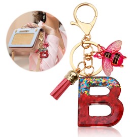 ORUZA Alphabet Initial Letter Keychain, Red Sequin Initial Letter Keyring with Bees Tassel Pendant Resin Alphabet Key Ring for Women Wallet Purses (B)