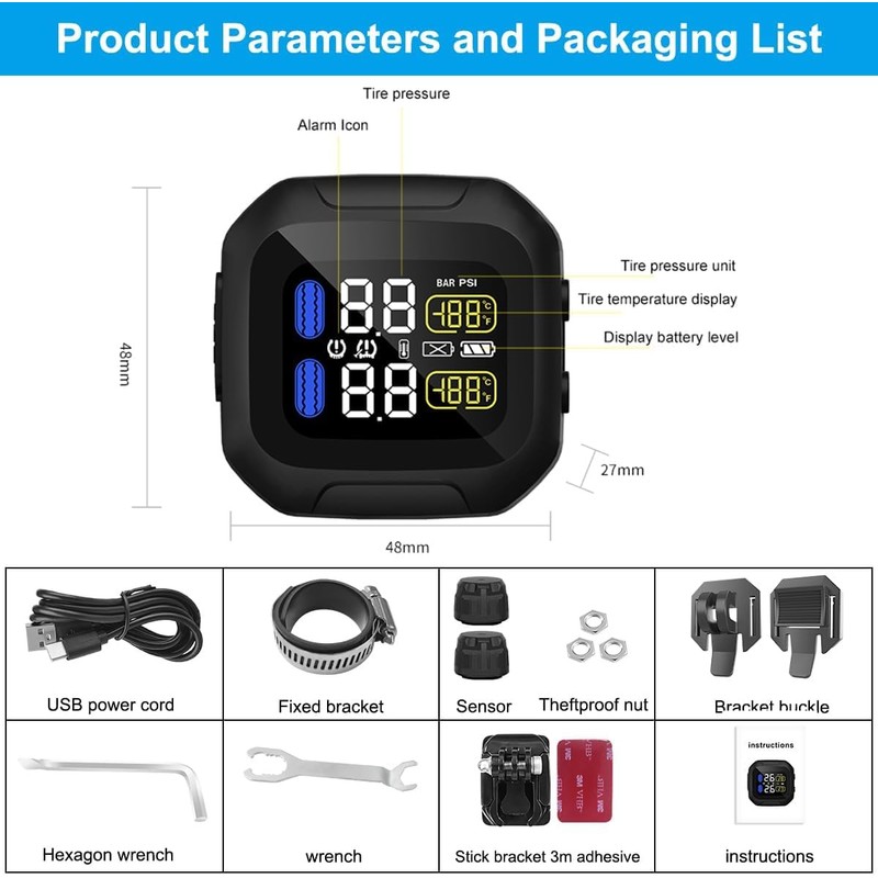 OBEST Motorcycle TPMS Tire Pressure Monitor System with 2 Silver