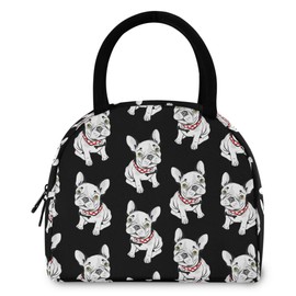 ZzWwR Cute Cartoon French Bulldogs Reusable Lunch Tote Bag with Front Pocket Zipper Closure Insulated Thermal Cooler Container Bag for School Work Picnic Travel Beach Fishing