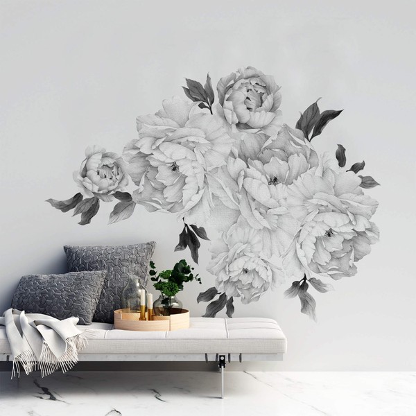 Murwall Floral Peony Wall Decal Black and White Florals Removable
