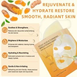 Kojic Säure Kurkuma Aufhellende Maske, 6 Stück, Aufhellung, straffend, Anti-Aging, Blattmaske, gleichmäßig, feuchtigkeitsspendend, beruhigend, Geschenk, reduziert feine Linien und Falten