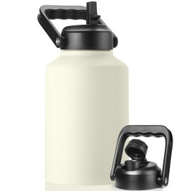 EALGRO Gallon Insulated Water Bottle Jug with Straw, 128 oz Large Stainless Steel Sports Metal Water Canteen With Handle, Thermal Water Cup Mug with 2 Lids, Cream