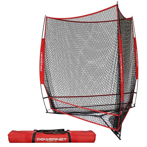 PowerNet Triple Threat Baseball Training Net | 3 Way 7' x 7' Batting or Pitching Net Covers 147 Square Feet | Pitch or Hit Into Net Train Multiple Stations at Once | Player Stand in (Red)