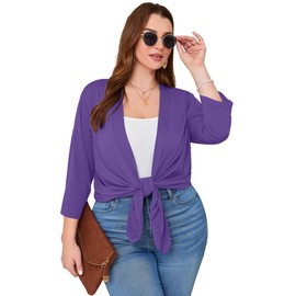 AusLook Women's Plus Size Cardigan Lilac Purple 4X Lightweight Shrugs Double Ruffled 3/4 Sleeve Casual Open Front Summer Beach Coverup Loose Outwear Jacket Coat