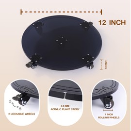 Rekerown 12" Round Shape Black Color Heavy Duty Acrylic Plant Stand with Wheels, Plexiglass Plant Caddy on Wheels - Outdoor Flower Pot Rack on Rollers - Indoor Dolly Holder Rolling Tray Coaster, 1PC
