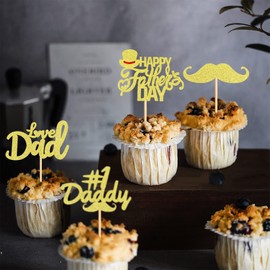 Keaziu Paquete de 36 adornos negros para magdalenas del Día del Padre Nº 1. Púas de barba para cupcakes, decoración de tartas, suministros de fiesta para el Día del Padre, decoración de cupcakes, color dorado