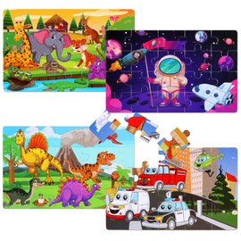 Wooden Puzzles Toys for Kids Ages 3-5, Set of 4 Packs Dinosaur, Space, Transportation Wood Toddler Puzzles, Preschool Brain Teaser Toys for Boys and Girls 2 3 4 5 6 Years Old