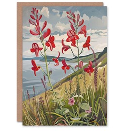 Artery8 Greeting Card Red Wildflowers on Hunt Cliff Saltburn Yorkshire Blank For Him Or Her Art Birthday Card
